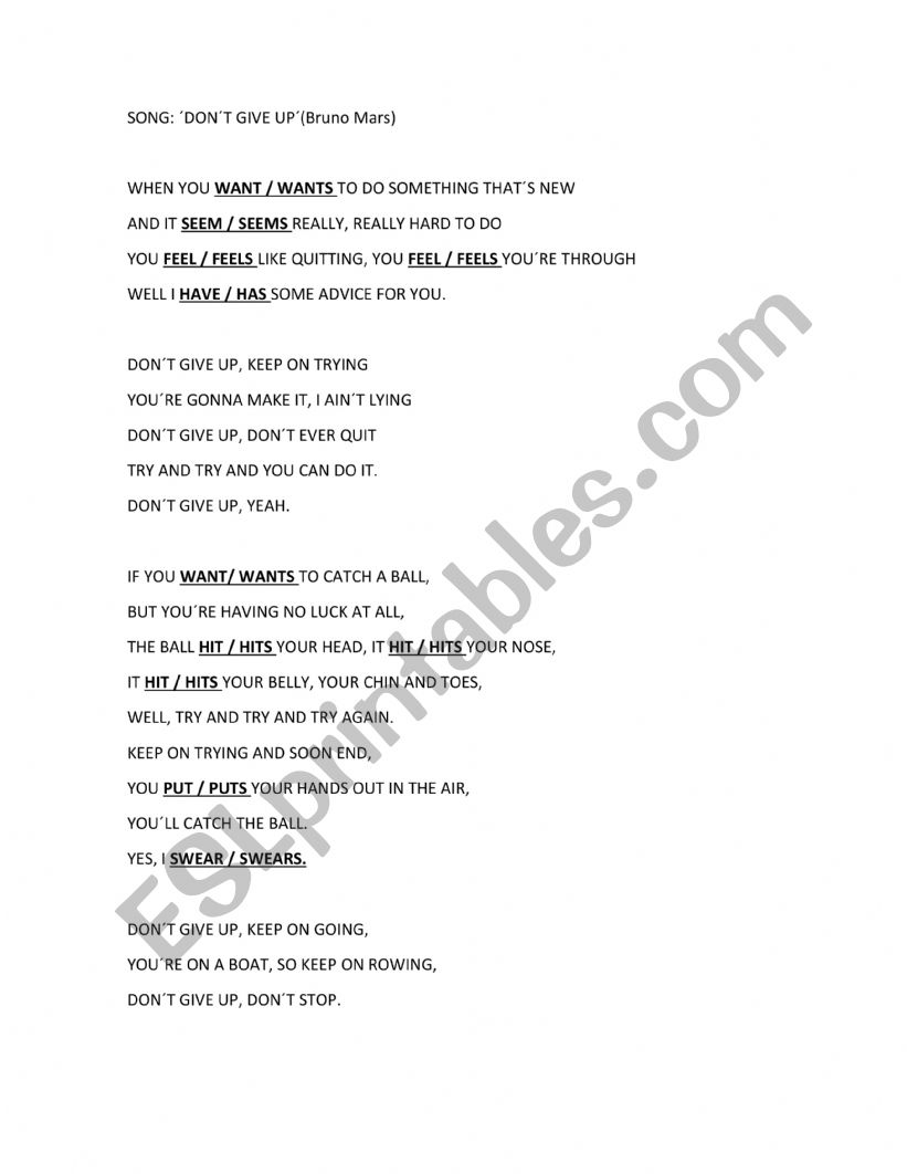 Song: `Dont give up worksheet